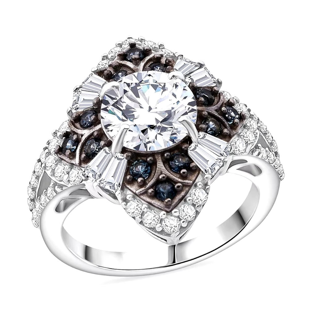 Moissanite And Blue Sapphire Ring In Rhodium Over Sterling Silver